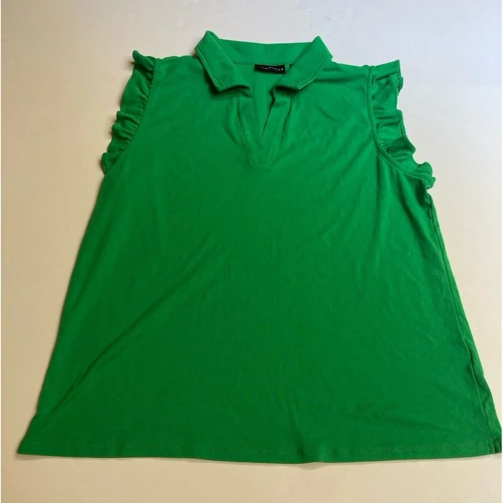 Rafaella Women's Green Solid Collared Knit Cotton Ruffle Polo Top XXL Regular